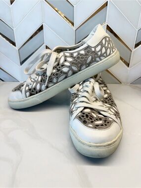 TORY BURCH Rhea Floral Cut-Out Sneakers Sz 10 Leather Mesh Ivory/Cement